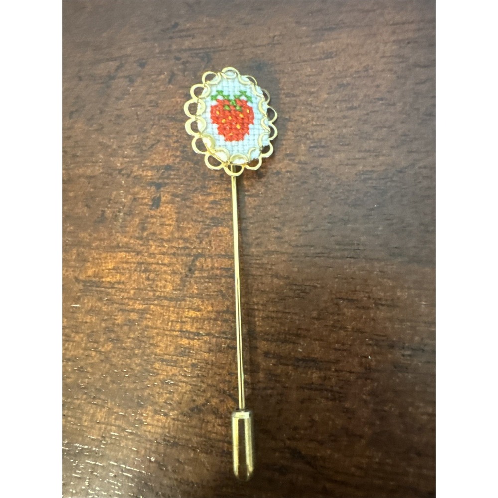 3" Gold Tone & Embroidered Petite Point Strawberry Stick Lapel Pin Brooch VNTG
